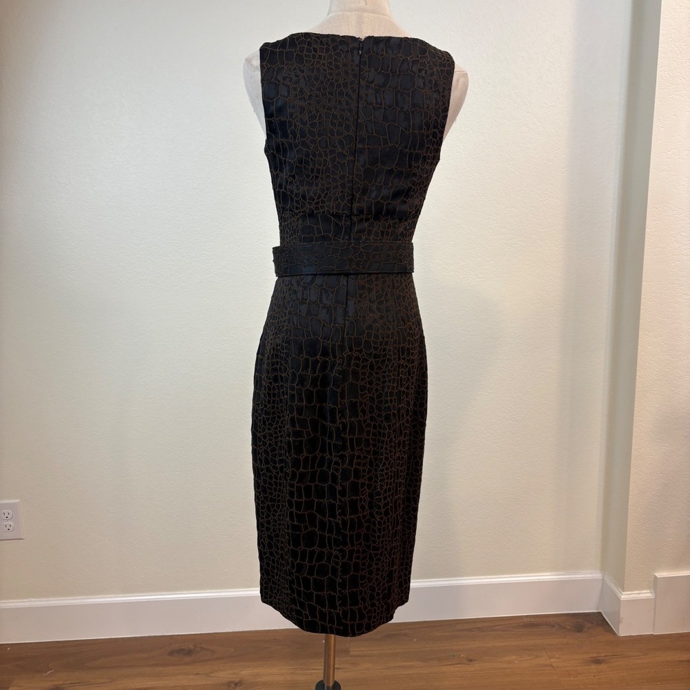 Vintage Cache Luxe Sheath Dress Women 6 Black Brown 90s Belted Croc Midi Chic - Picture 6 of 9
